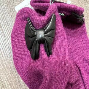 NWT! Portolano Plum Wool/Cashmere Gloves Black Leather Bow